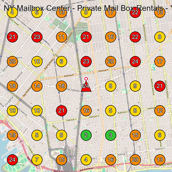 NY Mailbox Center - Private Mail Box Rentals - Your Business Concierge Mailbox Rental Service GeoGrid ranking map for Brooklyn NY
